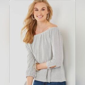 Charlie Paige Off Shoulder Blue Stripe Nautical Top 3/4 Sleeves/Ties MEDIUM NWT